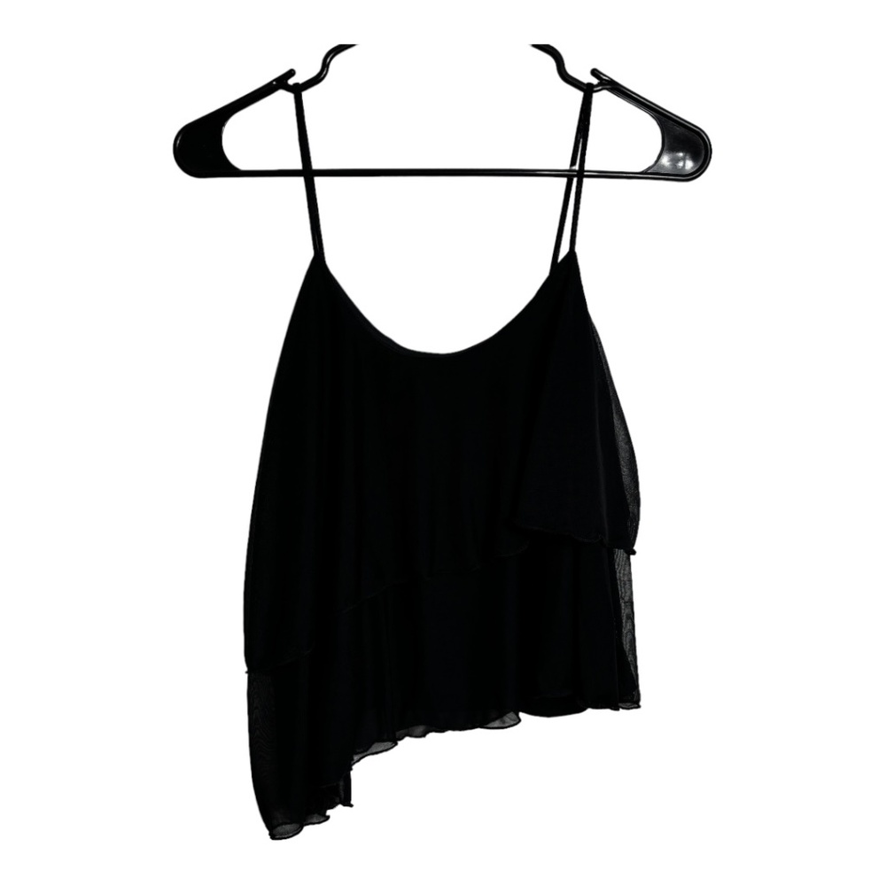 90's Vintage First Look Ruffle Waterfall Black Mesh Tank Top Size Small